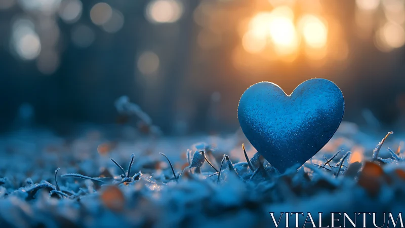 Frost-Coated Heart on Winter Ground with Golden Sunrise.