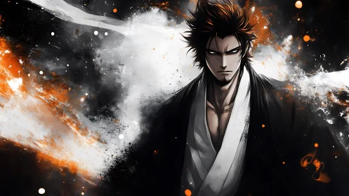 Intense anime swordsman amid swirling fiery energy.