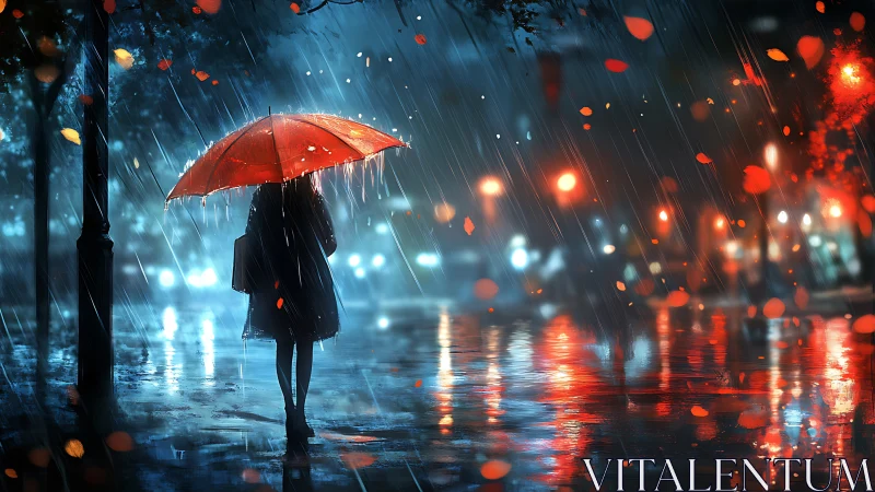 Red umbrella glow in a rainy city of blurred lights.