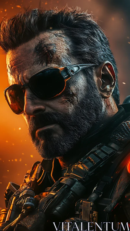 Battle-scarred soldier stands strong in glowing embers and heat