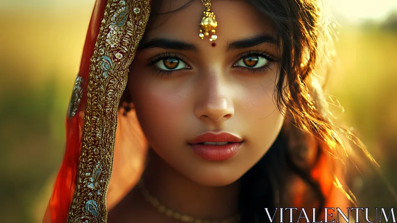 Portrait of woman in ornate veil under warm backlight.