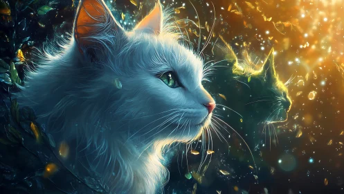 Luminous White Cat with Magical Aura and Glowing Particles