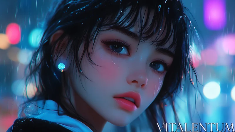 Cinematic neon portrait of a rain‑soaked girl in soft focus
