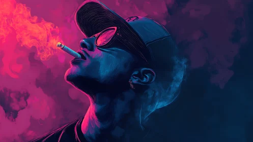 Neon smoke curls upward while a lone dreamer glows electric