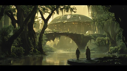 Futuristic moss-covered jungle temple with luminous dome.