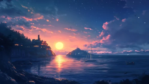 Sunset bay glows beside a cliffside village and sailing boats.