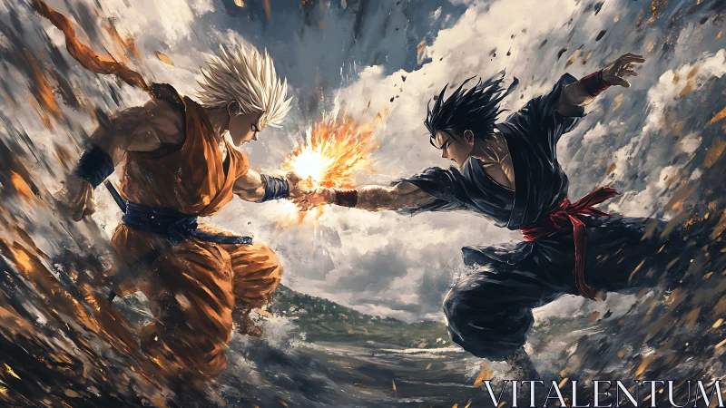 Two martial artists clash with energy burst in stormy field.