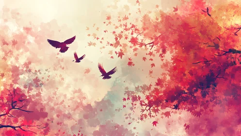 Soaring birds drift through soft autumn leaves and light