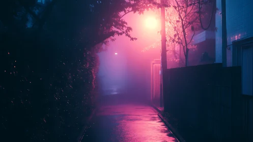 Foggy alleyway rendered in high contrast magenta cyan lighting