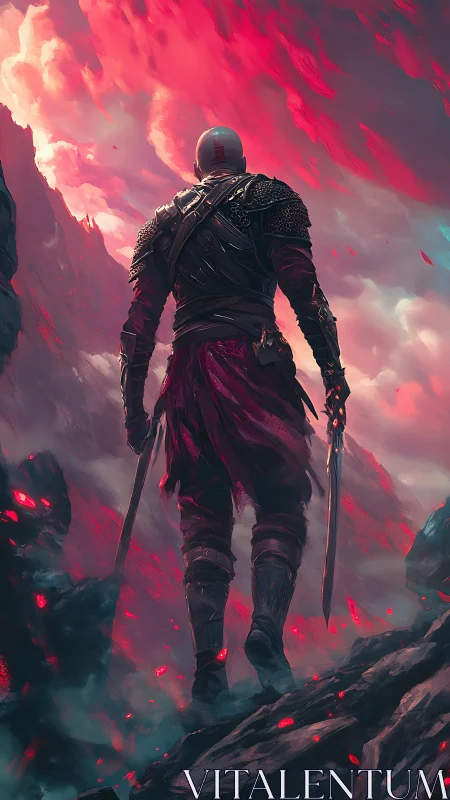 Armored figure stands with dual blades in volcanic canyon