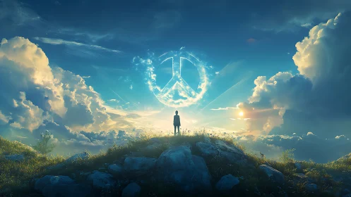 Digital painting of lone figure under celestial peace symbol sky.
