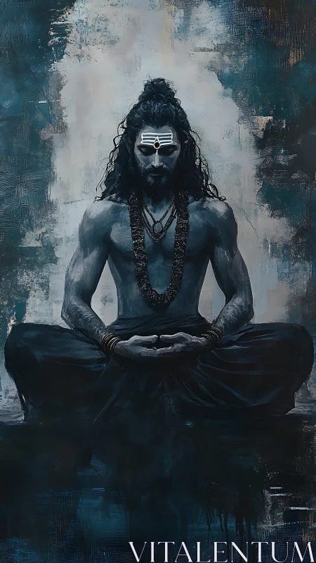 Meditating ascetic figure in blue toned spiritual portrait.