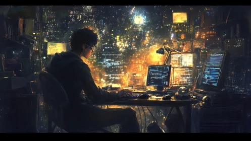 Midnight coder weaving neon constellations across screens.