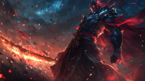 Fierce fire warrior rises with a blazing enchanted blade.