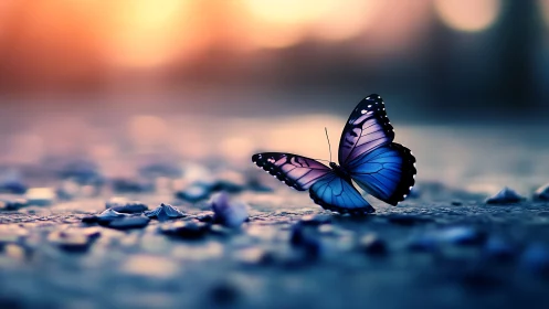 Blue butterfly rests on twilight ground in soft glowing light