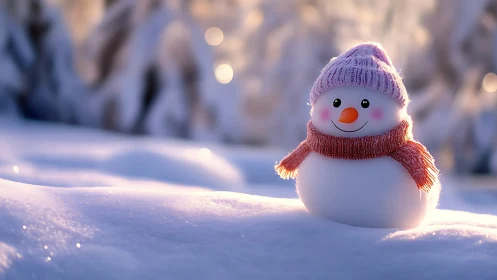 Tiny winter ambassador beams under blush-pink sunrise glow