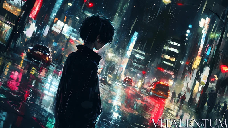 Solitary figure walks through neon city streets in rain