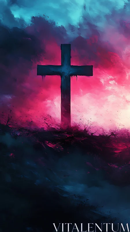 Cross silhouette rises through neon stormlit cloudscape.