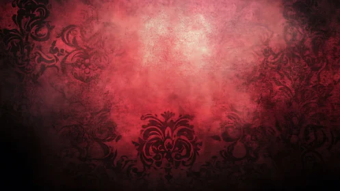 Vignetted red damask grunge background with faded central glow