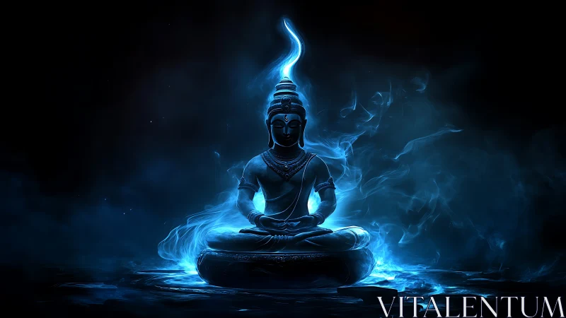 Luminous seated figure in blue vaporous digital environment.