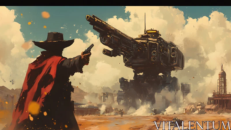 Lone space cowboy facing a colossal desert war machine.