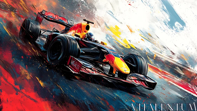 Formula 1 car powers through abstract track at speed