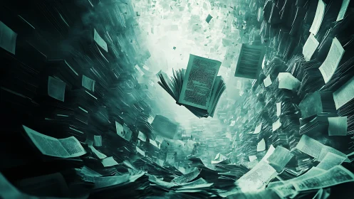 Suspended books and papers in a dense teal-toned corridor.