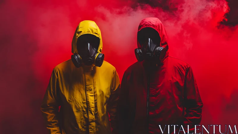 Hooded figures in respirators against dense red smoke field.