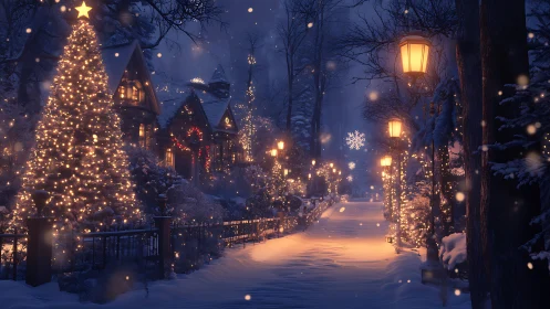 Snowy village street with glowing Christmas lights at night