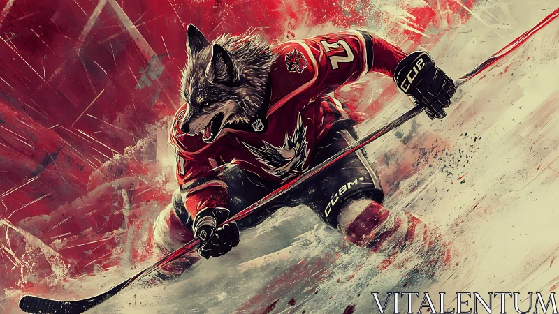 Wild wolf hockey winger carving through roaring red ice.