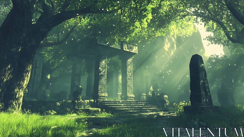 Sunlit forest ruins with carved stone temple remains.