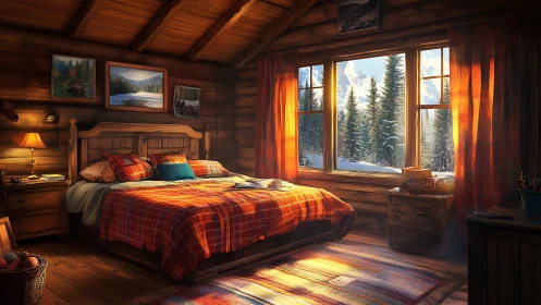 Sunlit cabin bedroom wrapped in winter mountain calm.