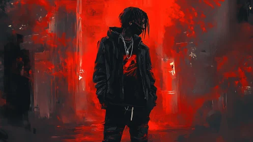 Masked street figure stands in red abstract digital scene