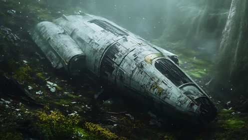 Derelict starship wreck in misty overgrown forest gorge.