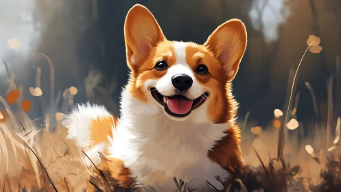 Corgi dog lies in dry grass with warm soft backlighting