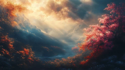 Dawnlight spilling over enchanted valley of ember and bloom.