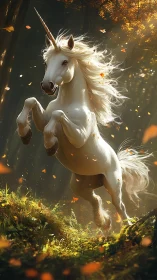 White unicorn rearing in a sunlit autumn forest scene.