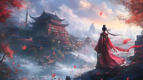 Solitary robed figure observing misty temple complex skyline.