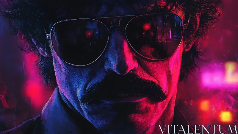 Neon-soaked vigilante studies the city through mirrored shades