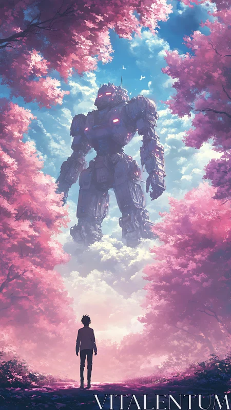 Solitary figure observing towering mech in pink forest sky