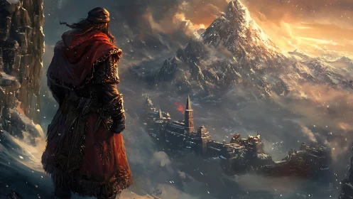 Clifftop observer surveying fortified alpine citadel at dusk.