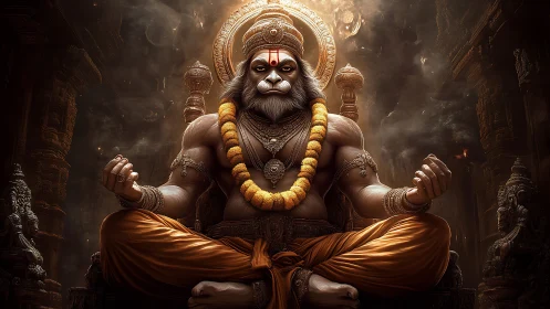 Divine simian deity in meditative temple glow, rich detailing.
