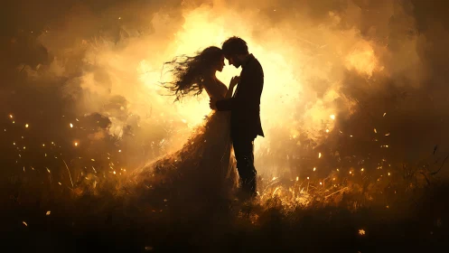 Silhouetted Couple in Golden Atmospheric Luminescence.