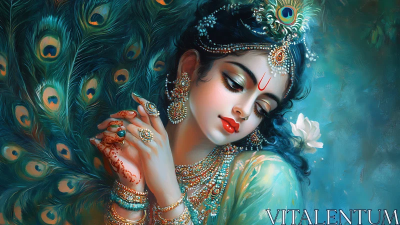 Divine styled portrait with peacock plumage and jeweled adornment