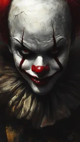 Sinister clown portrait with cracked white face paint.