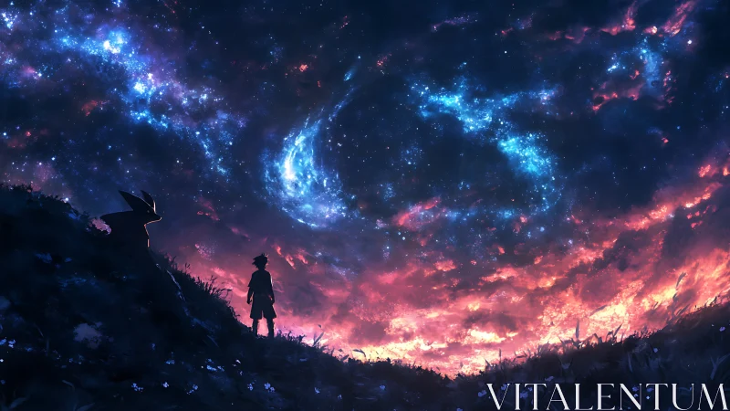 Stargazing friends beneath a glowing cosmic dreamscape.