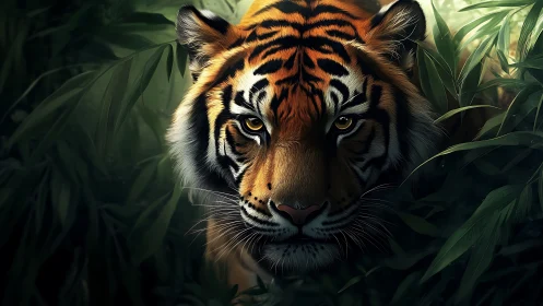 Tiger face emerging from dense green foliage in low light.