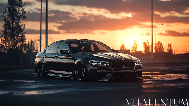 Lowered black sedan in wet parking lot at sunset light.
