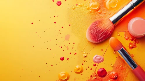 Makeup brushes on bright yellow background with splashes.