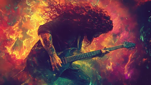 Long haired guitarist bends forward, shredding in neon fire